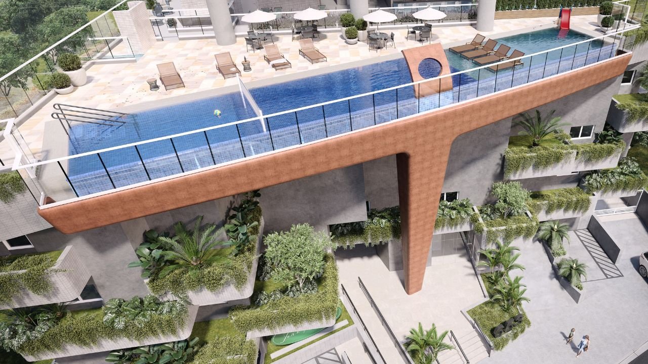Vista aérea da piscina de borda infinita suspensa, Castell Di João Paulo