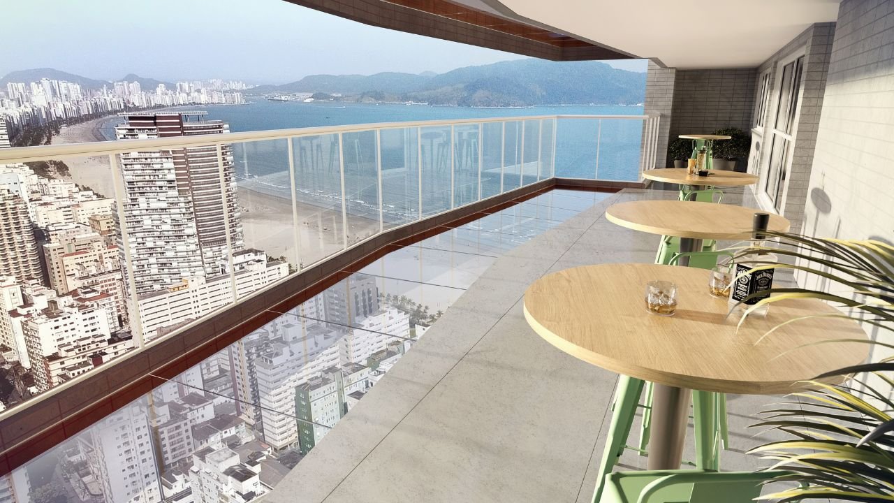 Terraço bar com vista panorâmica da praia e da orla de Santos, Castell Di João Paulo